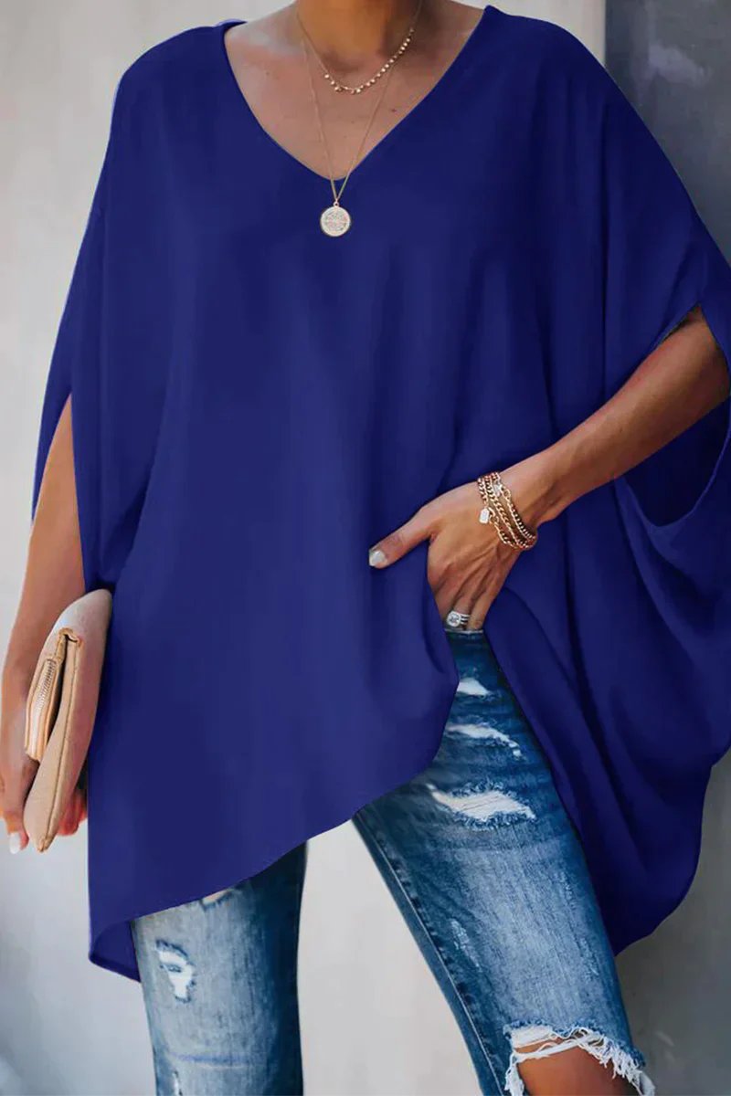 Effortless Poncho Tunic for Women with V Neck Batwing Sleeve High Low Hem Flowing Style