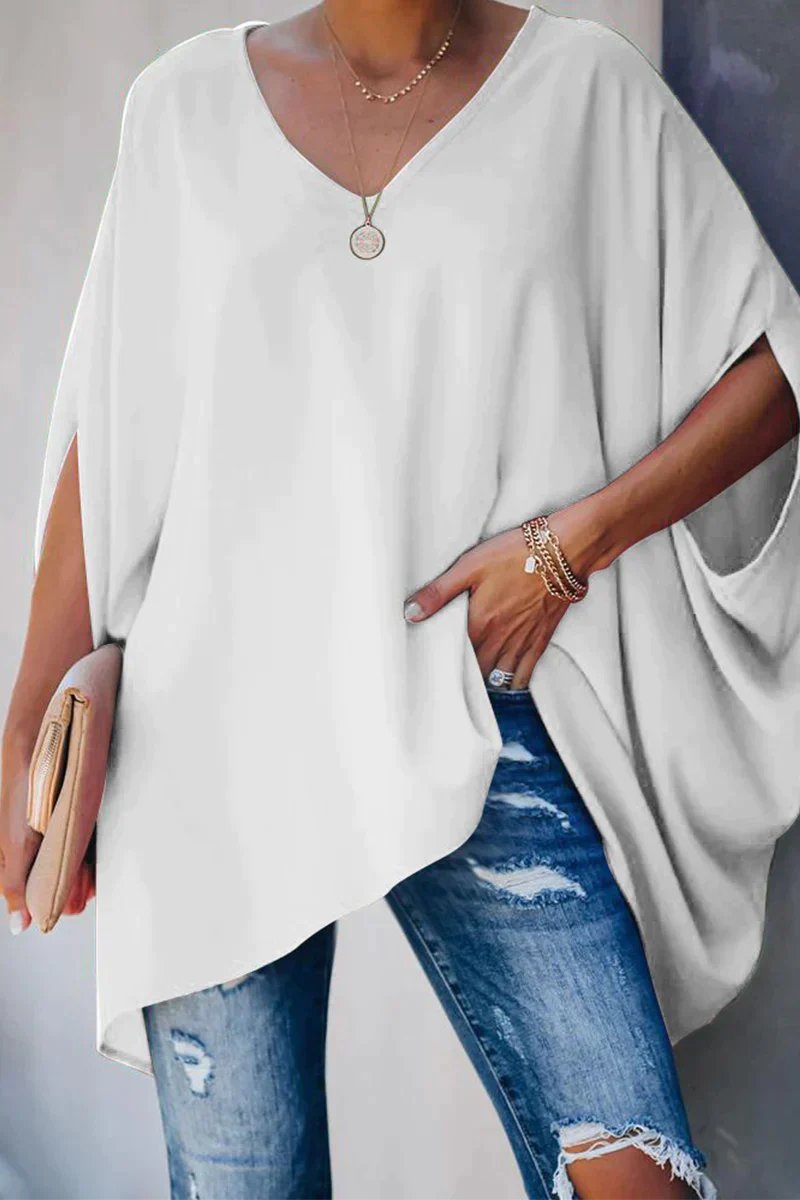 Effortless Poncho Tunic for Women with V Neck Batwing Sleeve High Low Hem Flowing Style