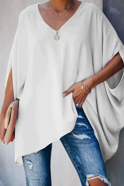 Effortless Poncho Tunic for Women with V Neck Batwing Sleeve High Low Hem Flowing Style