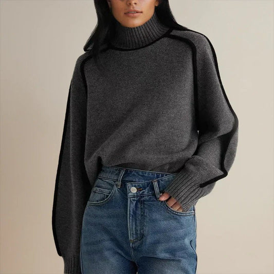 Comfortable Contrast Piping Sweater for Women with Turtleneck Long Sleeve Oversized Relaxed Knit Style