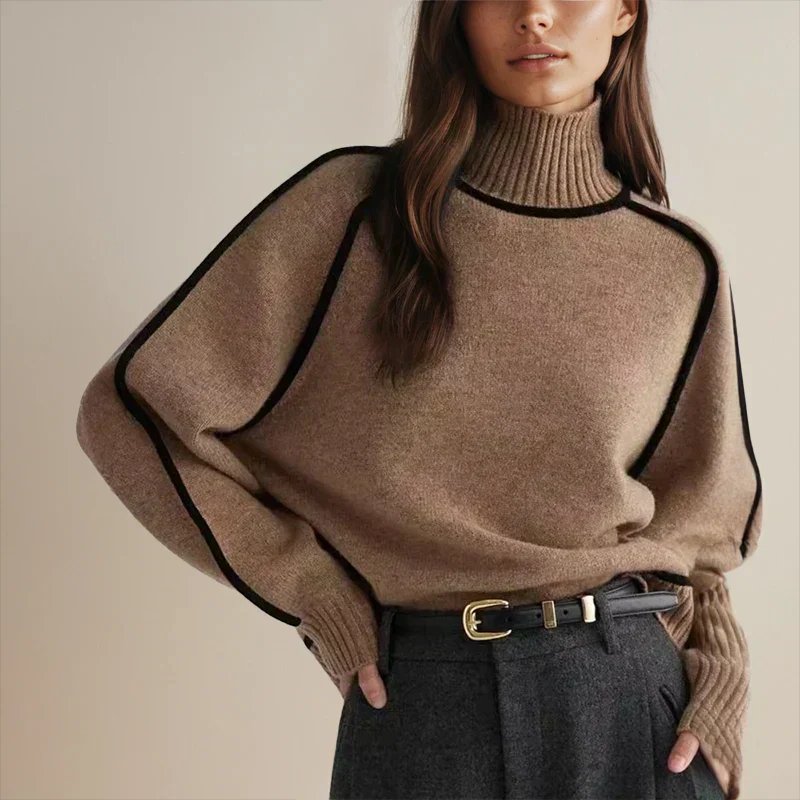 Comfortable Contrast Piping Sweater for Women with Turtleneck Long Sleeve Oversized Relaxed Knit Style