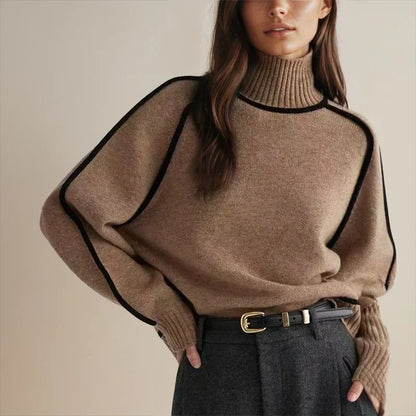 Comfortable Contrast Piping Sweater for Women with Turtleneck Long Sleeve Oversized Relaxed Knit Style