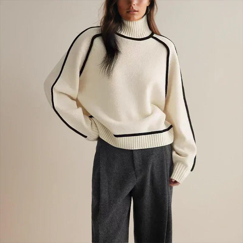 Comfortable Contrast Piping Sweater for Women with Turtleneck Long Sleeve Oversized Relaxed Knit Style