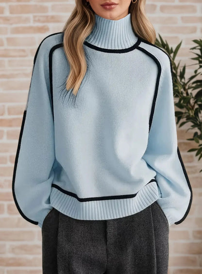 Comfortable Contrast Piping Sweater for Women with Turtleneck Long Sleeve Oversized Relaxed Knit Style