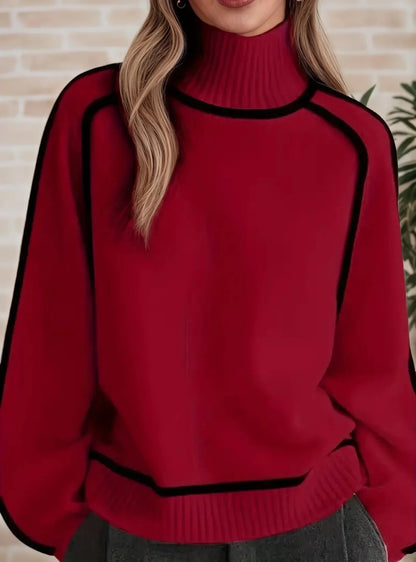 Comfortable Contrast Piping Sweater for Women with Turtleneck Long Sleeve Oversized Relaxed Knit Style