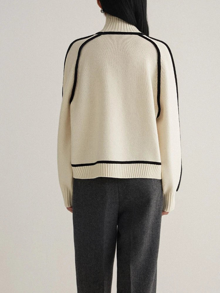 Comfortable Contrast Piping Sweater for Women with Turtleneck Long Sleeve Oversized Relaxed Knit Style