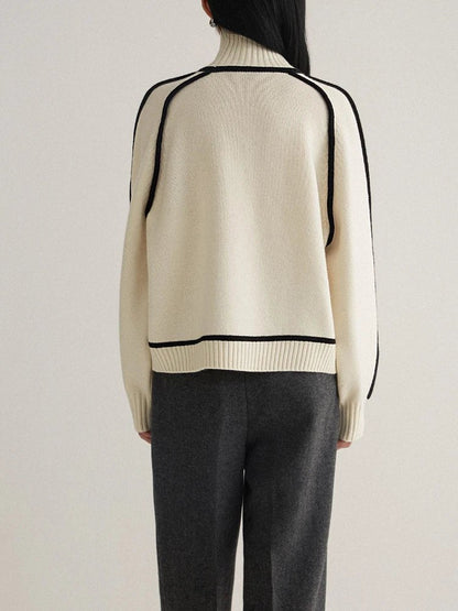 Comfortable Contrast Piping Sweater for Women with Turtleneck Long Sleeve Oversized Relaxed Knit Style