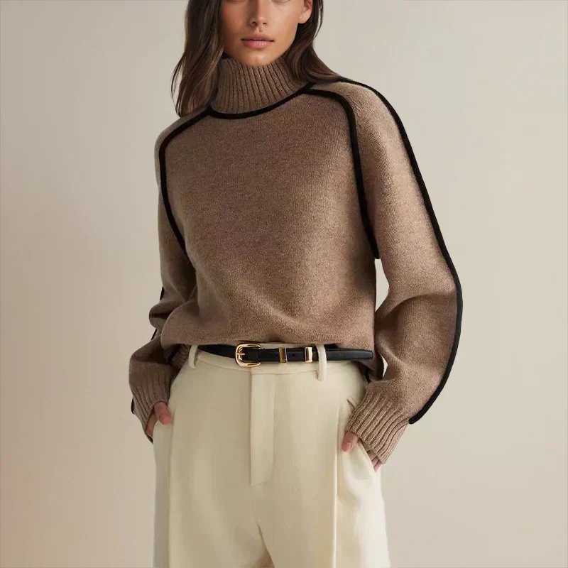 Comfortable Contrast Piping Sweater for Women with Turtleneck Long Sleeve Oversized Relaxed Knit Style