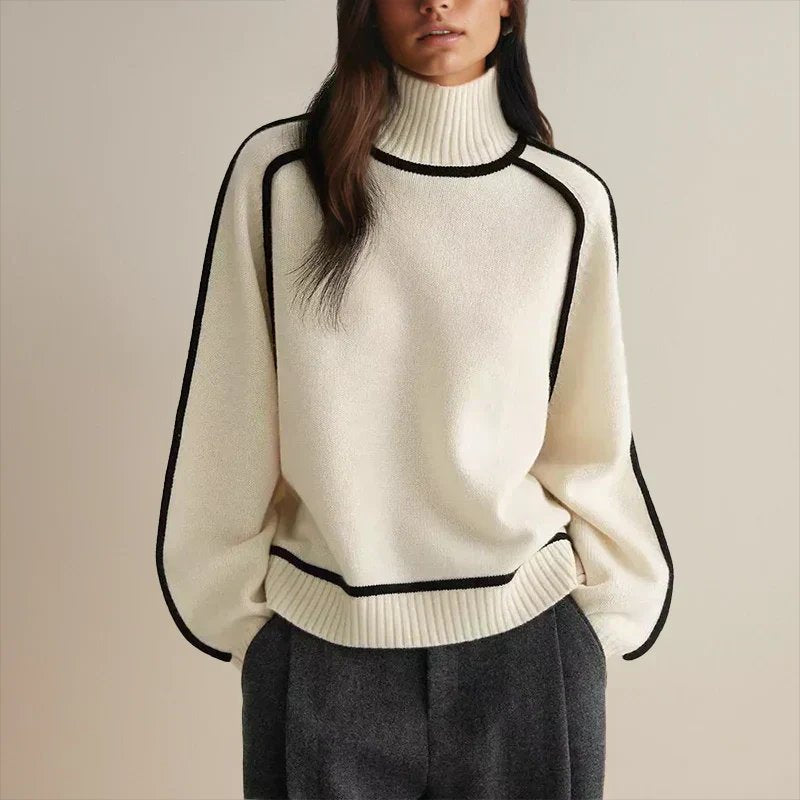 Comfortable Contrast Piping Sweater for Women with Turtleneck Long Sleeve Oversized Relaxed Knit Style