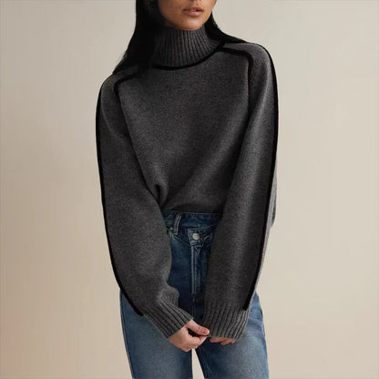 Comfortable Contrast Piping Sweater for Women with Turtleneck Long Sleeve Oversized Relaxed Knit Style