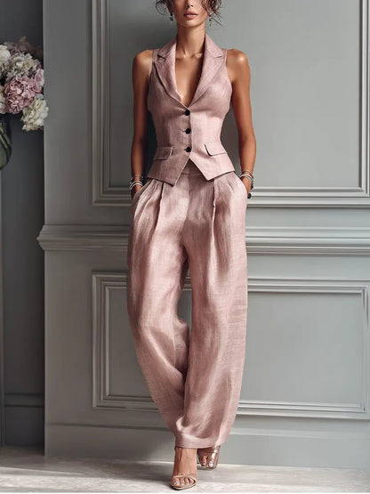 Elegant Light Pink Linen Two Piece Set for Women with Lapel Collar V Neck Sleeveless Button Front Wide Leg Relaxed Style