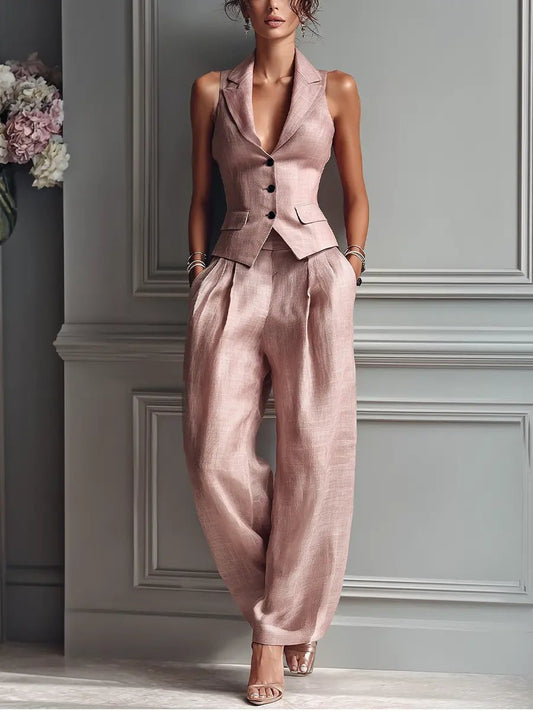 Elegant Light Pink Linen Two Piece Set for Women with Lapel Collar V Neck Sleeveless Button Front Wide Leg Relaxed Style