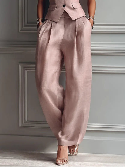 Elegant Light Pink Linen Two Piece Set for Women with Lapel Collar V Neck Sleeveless Button Front Wide Leg Relaxed Style