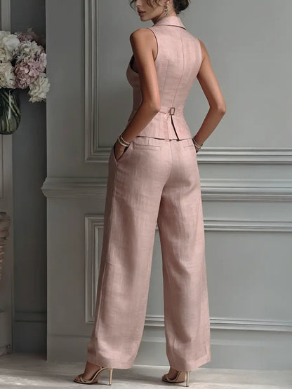 Elegant Light Pink Linen Two Piece Set for Women with Lapel Collar V Neck Sleeveless Button Front Wide Leg Relaxed Style