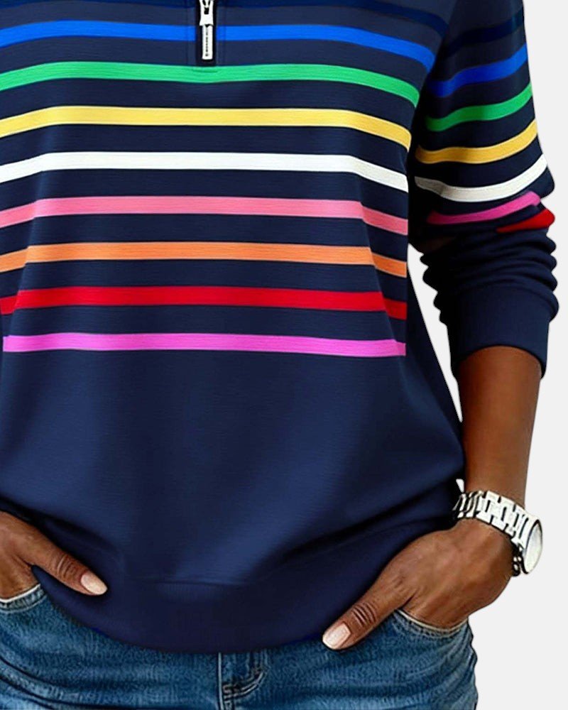 Effortless Striped Sweatshirt for Women with Mock Neck Quarter Zip Long Sleeve Relaxed Casual Style