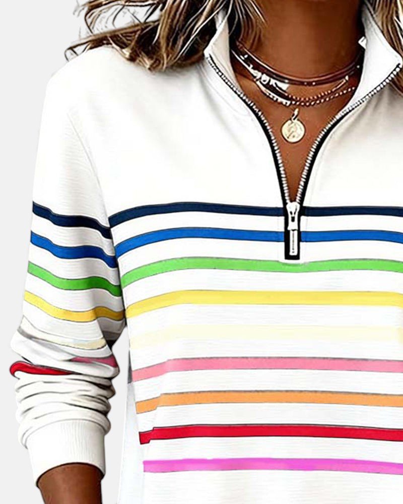 Effortless Striped Sweatshirt for Women with Mock Neck Quarter Zip Long Sleeve Relaxed Casual Style