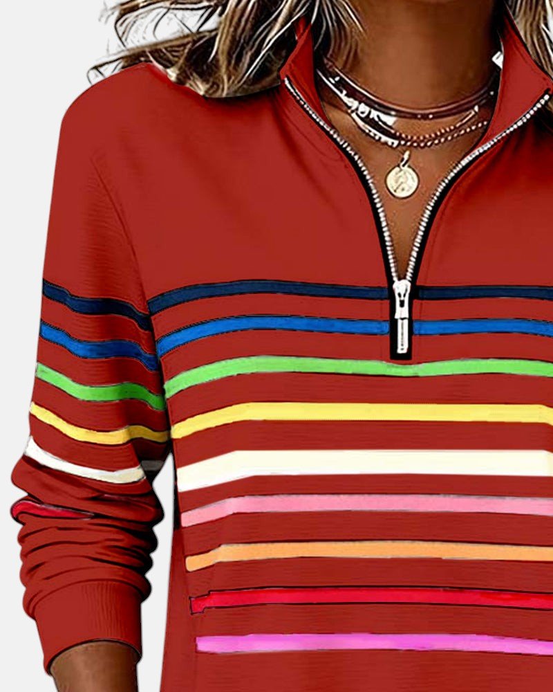 Effortless Striped Sweatshirt for Women with Mock Neck Quarter Zip Long Sleeve Relaxed Casual Style