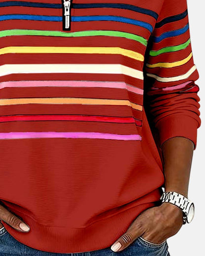 Effortless Striped Sweatshirt for Women with Mock Neck Quarter Zip Long Sleeve Relaxed Casual Style