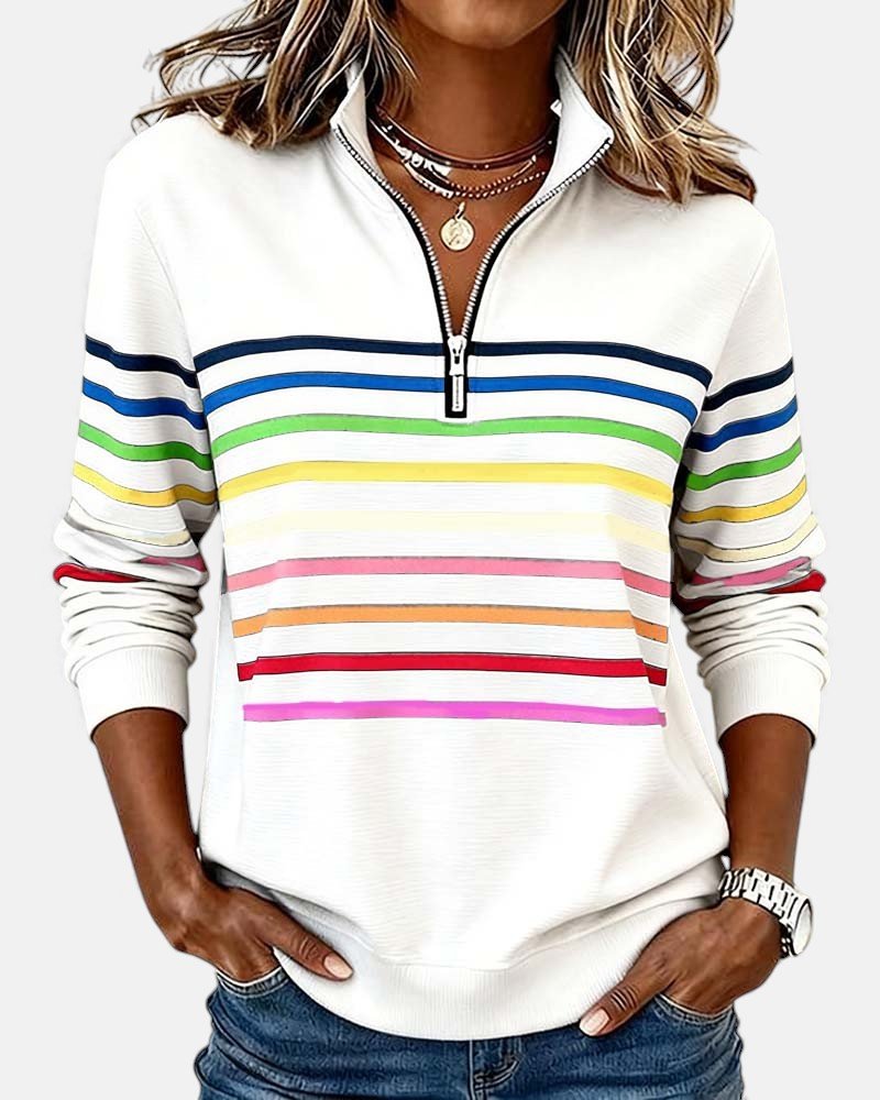 Effortless Striped Sweatshirt for Women with Mock Neck Quarter Zip Long Sleeve Relaxed Casual Style