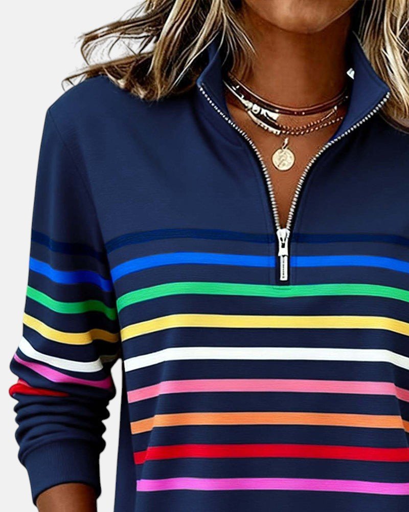 Effortless Striped Sweatshirt for Women with Mock Neck Quarter Zip Long Sleeve Relaxed Casual Style