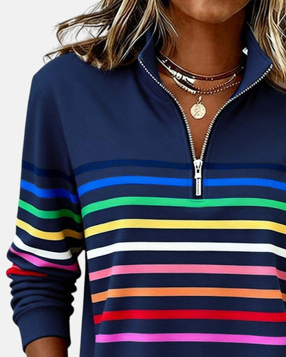 Effortless Striped Sweatshirt for Women with Mock Neck Quarter Zip Long Sleeve Relaxed Casual Style