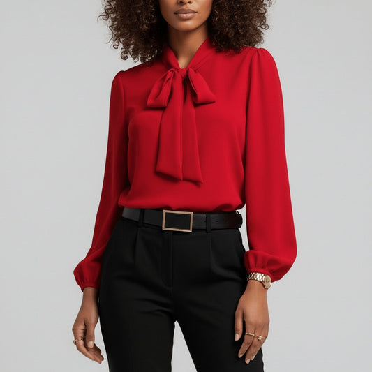 Elegant Silky Blouse for Women with Tie Neck Long Sleeve Balloon Cuff Relaxed Style