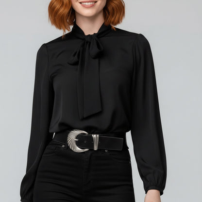 Elegant Silky Blouse for Women with Tie Neck Long Sleeve Balloon Cuff Relaxed Style