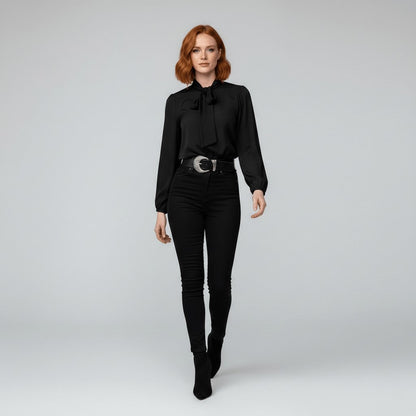 Elegant Silky Blouse for Women with Tie Neck Long Sleeve Balloon Cuff Relaxed Style