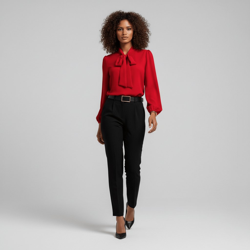 Elegant Silky Blouse for Women with Tie Neck Long Sleeve Balloon Cuff Relaxed Style