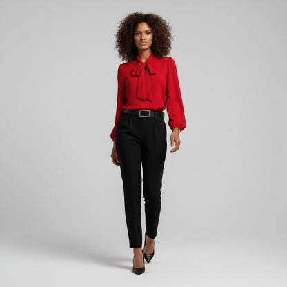 Elegant Silky Blouse for Women with Tie Neck Long Sleeve Balloon Cuff Relaxed Style