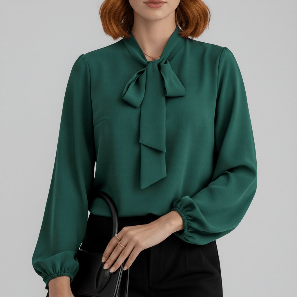 Elegant Silky Blouse for Women with Tie Neck Long Sleeve Balloon Cuff Relaxed Style