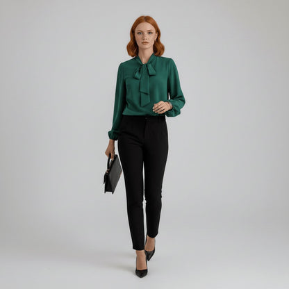 Elegant Silky Blouse for Women with Tie Neck Long Sleeve Balloon Cuff Relaxed Style