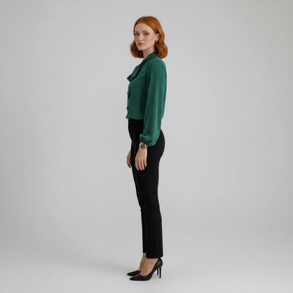 Elegant Silky Blouse for Women with Tie Neck Long Sleeve Balloon Cuff Relaxed Style