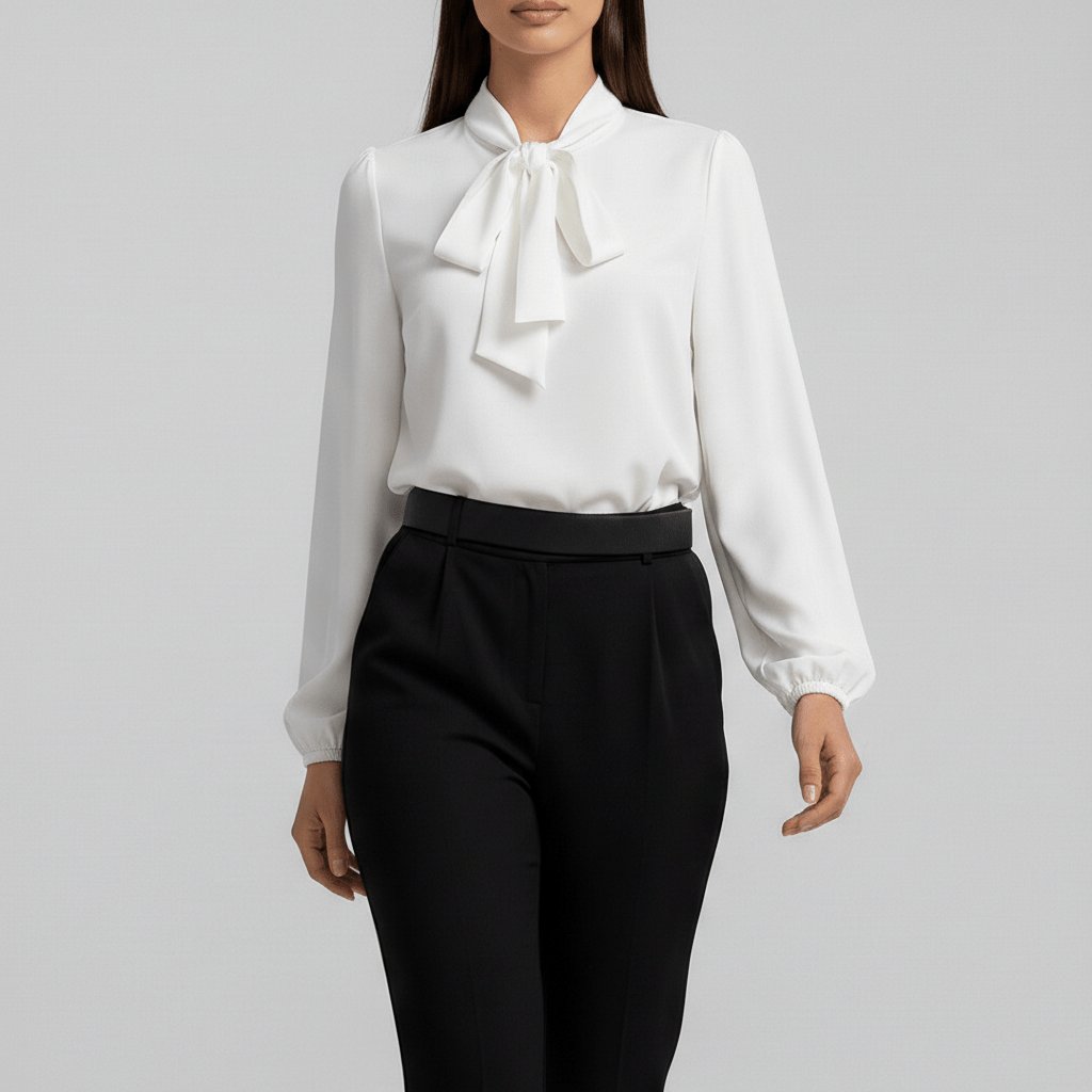 Elegant Silky Blouse for Women with Tie Neck Long Sleeve Balloon Cuff Relaxed Style