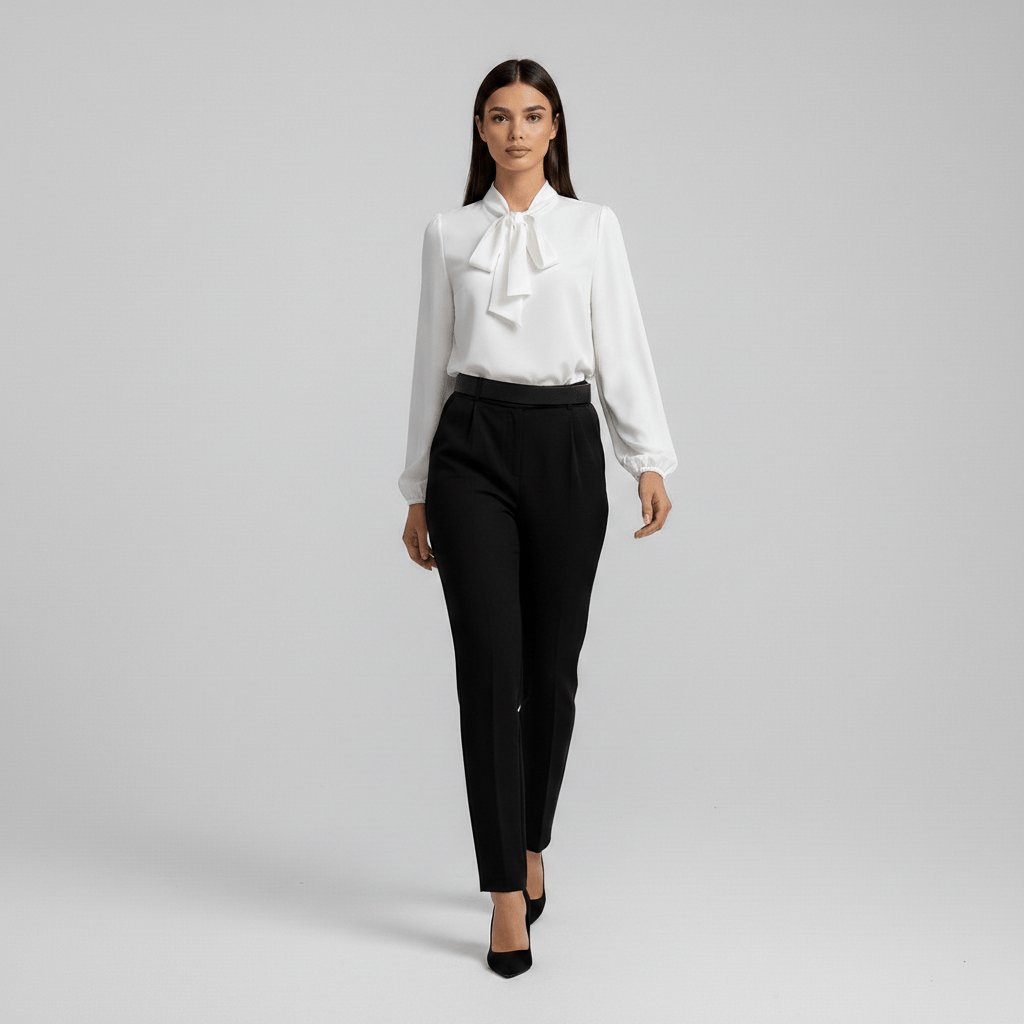 Elegant Silky Blouse for Women with Tie Neck Long Sleeve Balloon Cuff Relaxed Style