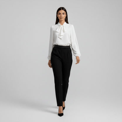 Elegant Silky Blouse for Women with Tie Neck Long Sleeve Balloon Cuff Relaxed Style