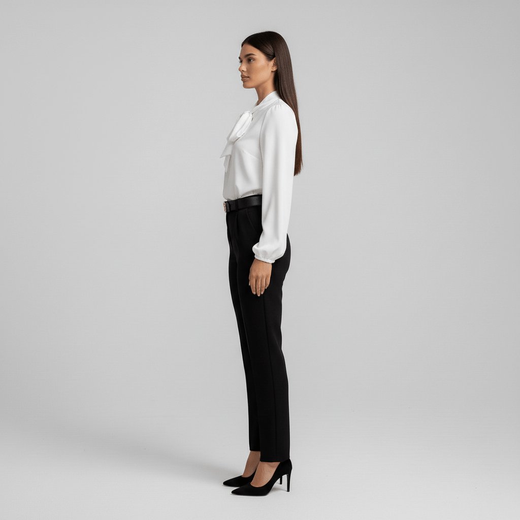 Elegant Silky Blouse for Women with Tie Neck Long Sleeve Balloon Cuff Relaxed Style