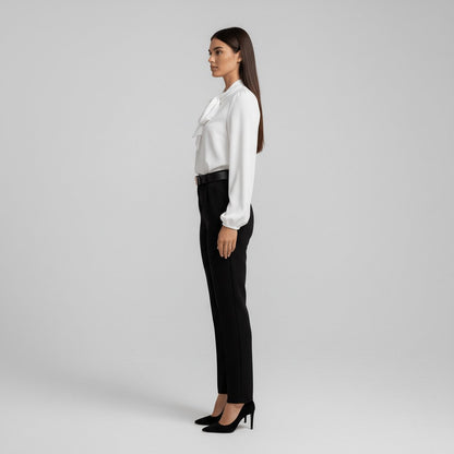 Elegant Silky Blouse for Women with Tie Neck Long Sleeve Balloon Cuff Relaxed Style