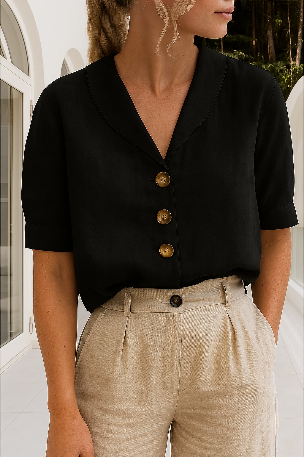Effortless Linen Blouse for Women with V Neck Short Sleeve Button Front Relaxed Style