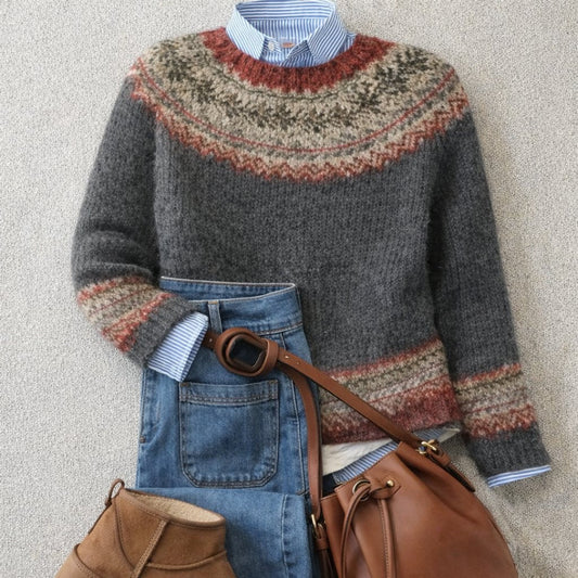 Comfortable Gray Fair Isle Sweater for Women with Crew Neck Long Sleeve Ribbed Oversized Knit Style