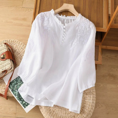Effortless Embroidered Linen Blouse for Women with V Neck Half Sleeve Ruffled Button Front Boho Style