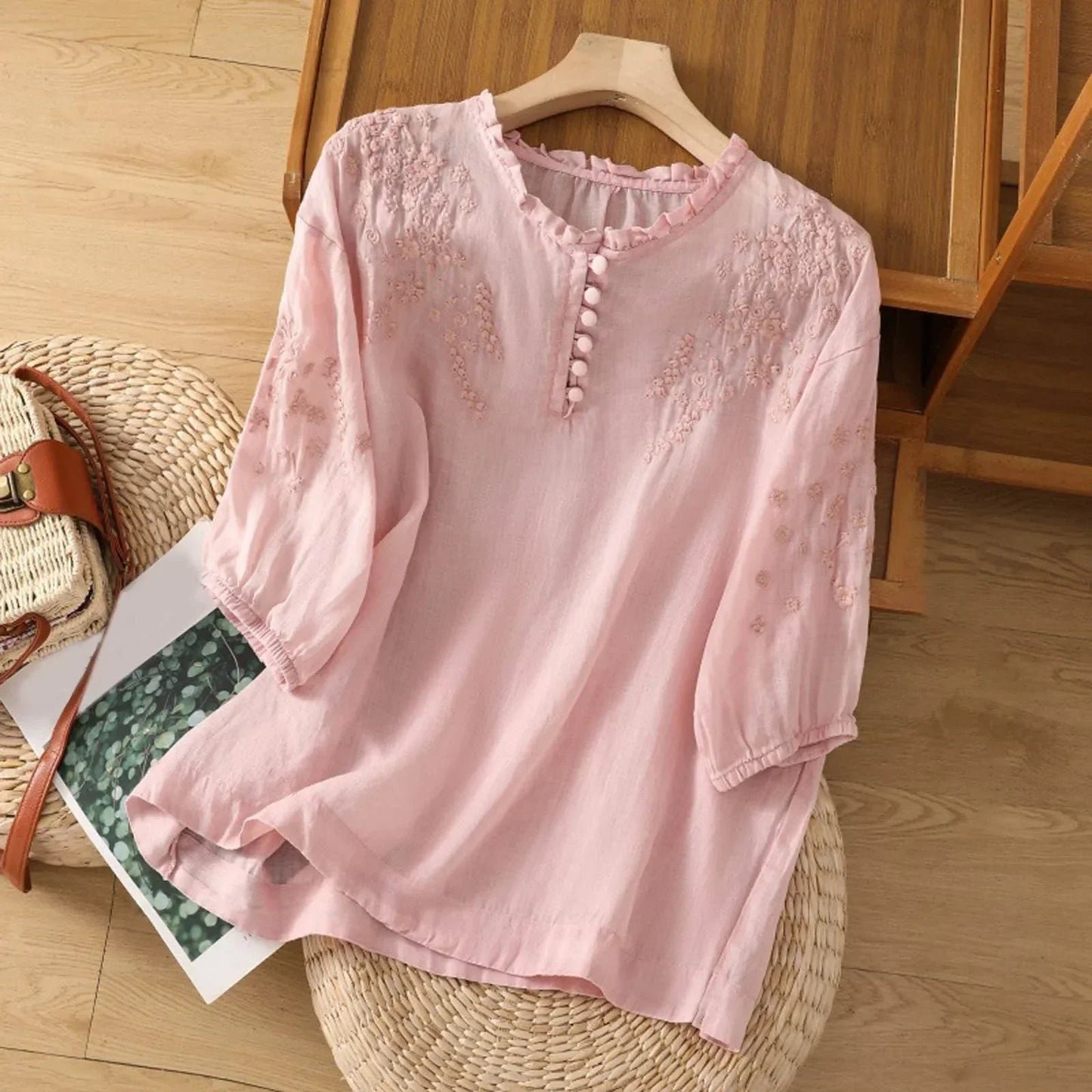Effortless Embroidered Linen Blouse for Women with V Neck Half Sleeve Ruffled Button Front Boho Style