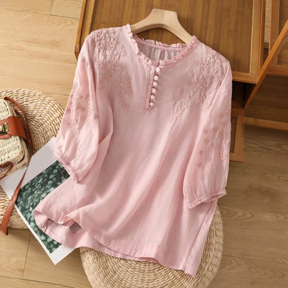 Effortless Embroidered Linen Blouse for Women with V Neck Half Sleeve Ruffled Button Front Boho Style