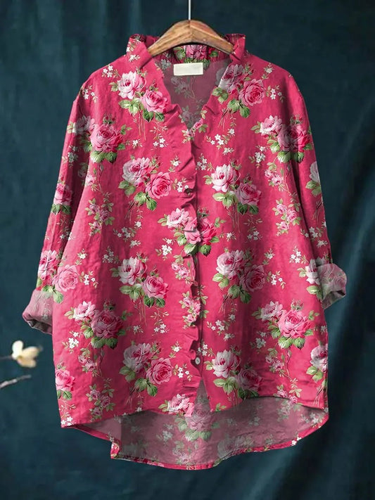 Effortless Pink Floral Linen Blouse for Women with V Neck Ruffle Collar Long Sleeve High Low Relaxed Style