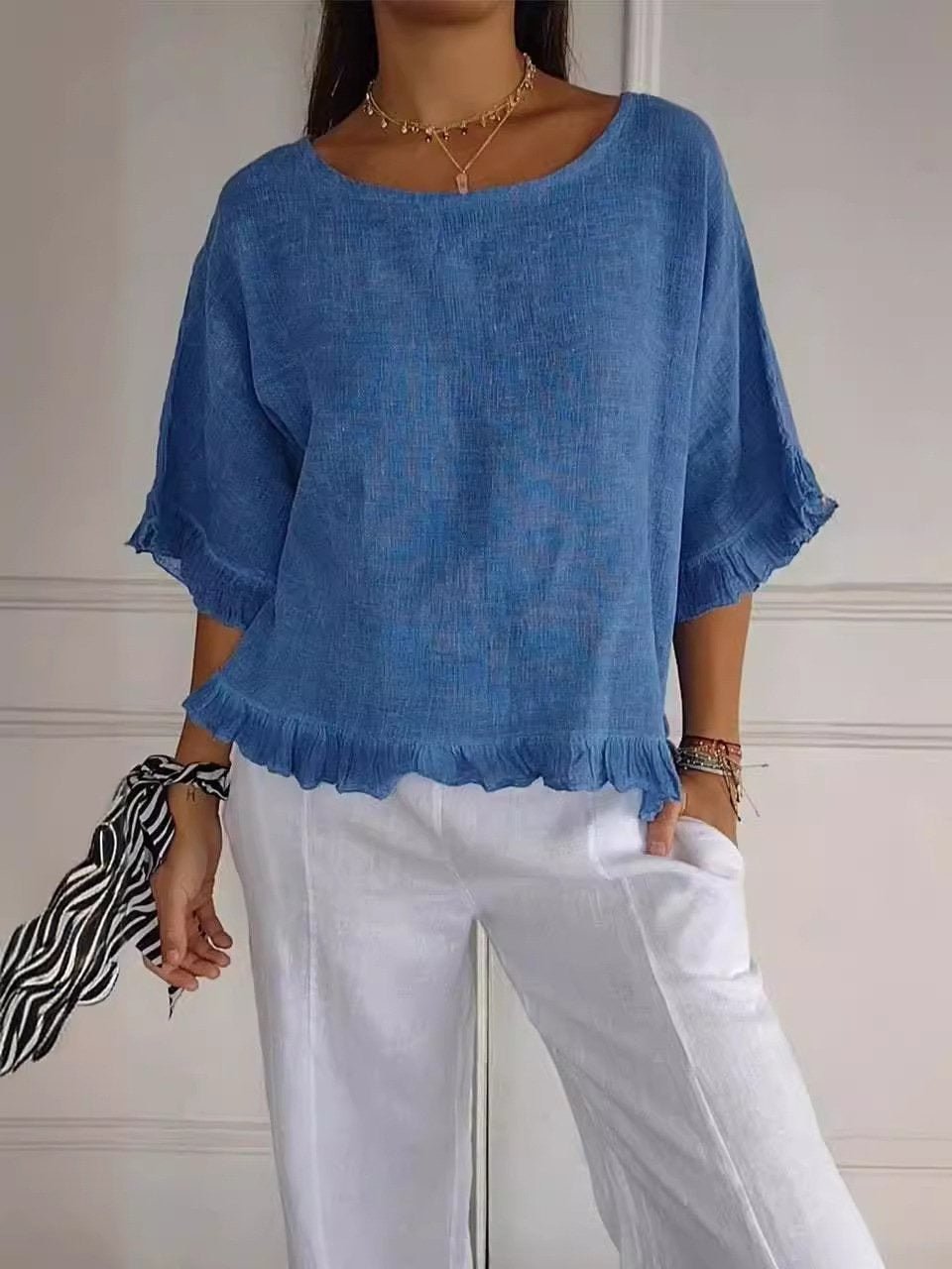 Effortless Linen Blouse for Women with Round Neck Elbow Sleeve Ruffle Hem Relaxed Style