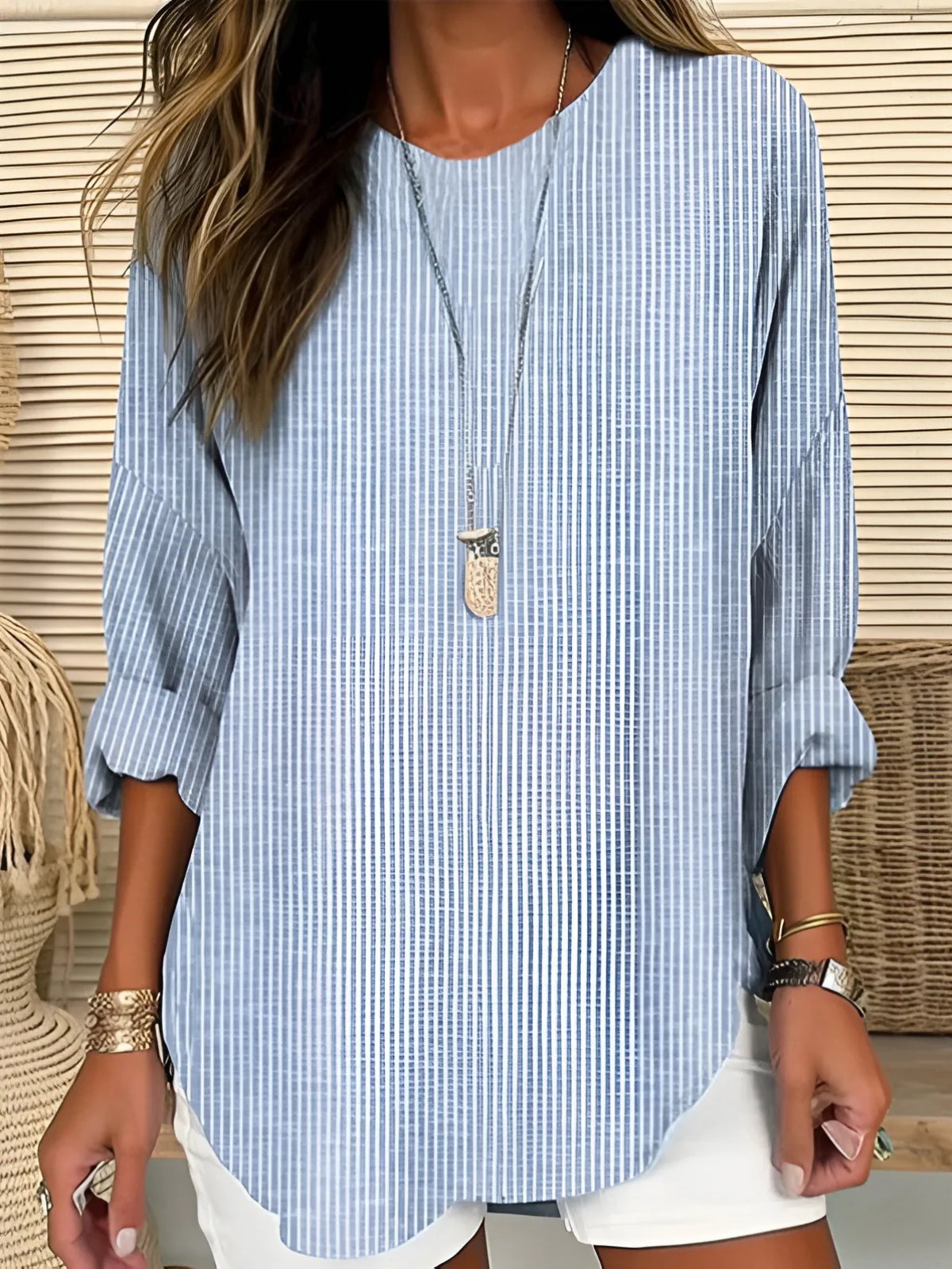 Effortless Striped Tunic Blouse for Women with Round Neck Cuffed Sleeve Curved Hem Relaxed Style