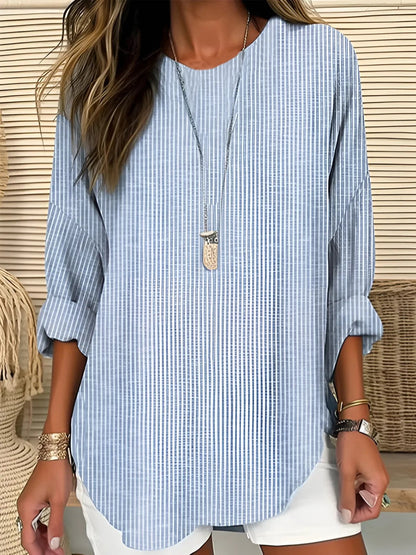 Effortless Striped Tunic Blouse for Women with Round Neck Cuffed Sleeve Curved Hem Relaxed Style