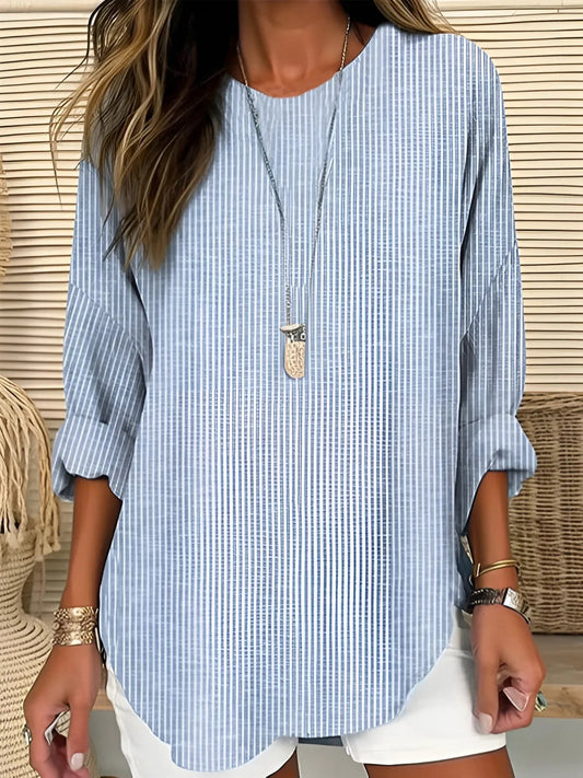 Effortless Striped Tunic Blouse for Women with Round Neck Cuffed Sleeve Curved Hem Relaxed Style