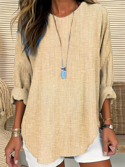 Effortless Striped Tunic Blouse for Women with Round Neck Cuffed Sleeve Curved Hem Relaxed Style