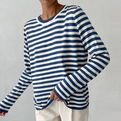 Comfortable Striped Sweater for Women with Crew Neck Long Sleeve Relaxed Oversized Knit Style